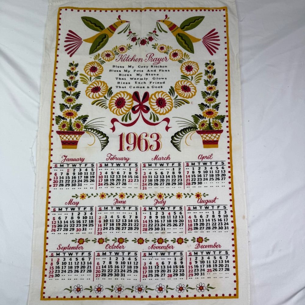 Vintage 1963 Linen Calendar Tea Towel Kitchen Prayer Folk Art Birds Floral